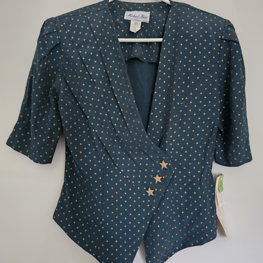 VINTAGE 80's Designer Michael Blair Women's Blazer Green w/ Stars Sz 9/10 NWT